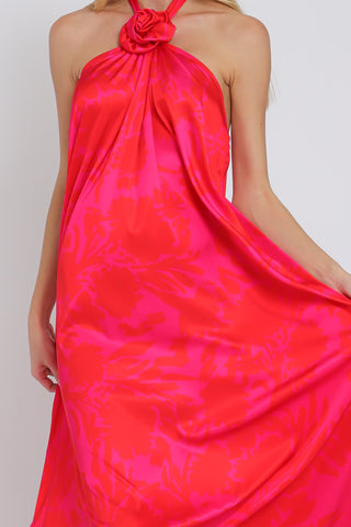 Fuscia/Multi Halter Flower Neck Detailing Maxi Dress