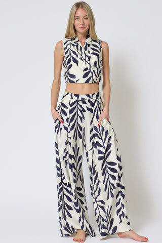 Navy/Ivory Soft Linen High Waisted Pant Set