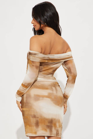 TIE DYE PRINT MESH OFF SHOULDER MINI DRESS