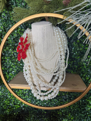 White/Red Flower Brooche Pearl Necklace