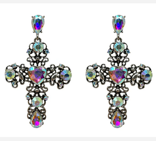 Silver Cross Heart Earrings AB Stones  2.25" Post