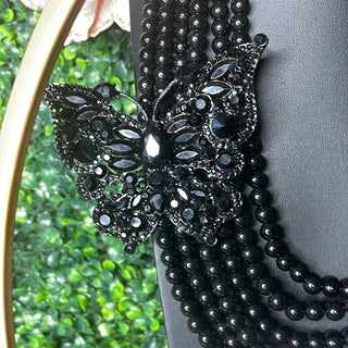 BLACK MULTI STRAND BUTTERFLY PEARL NECKLACE SET