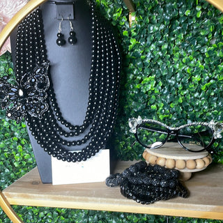 BLACK MULTI STRAND BUTTERFLY PEARL NECKLACE SET